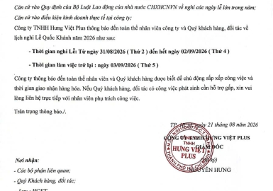 THÔNG BÁO LỊCH NGHỈ LỄ QUỐC KHÁNH 02/09/2026