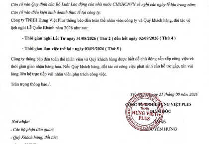THÔNG BÁO LỊCH NGHỈ LỄ QUỐC KHÁNH 02/09/2026